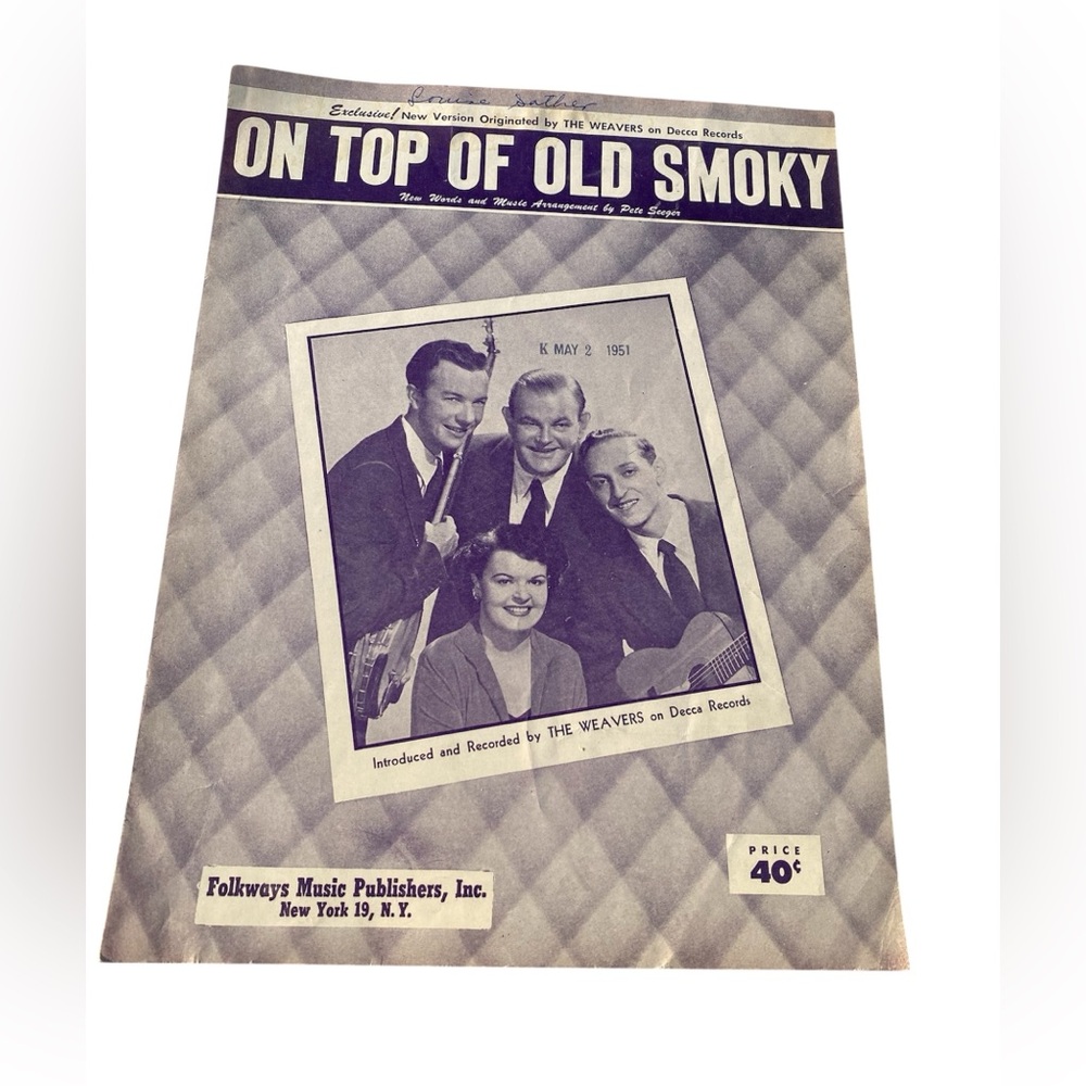 *4A vintage sheet music American folk song "On Top of Old Smoky," by Pete Seeger